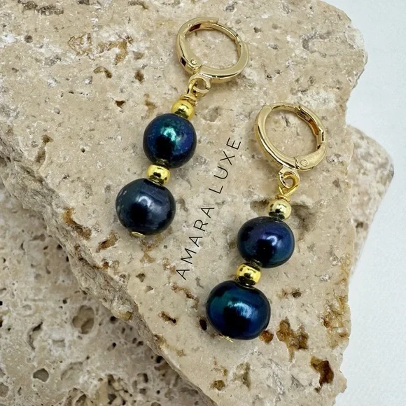 Black Baroque Freshwater Pearl Earrings - Picture 3 of 6